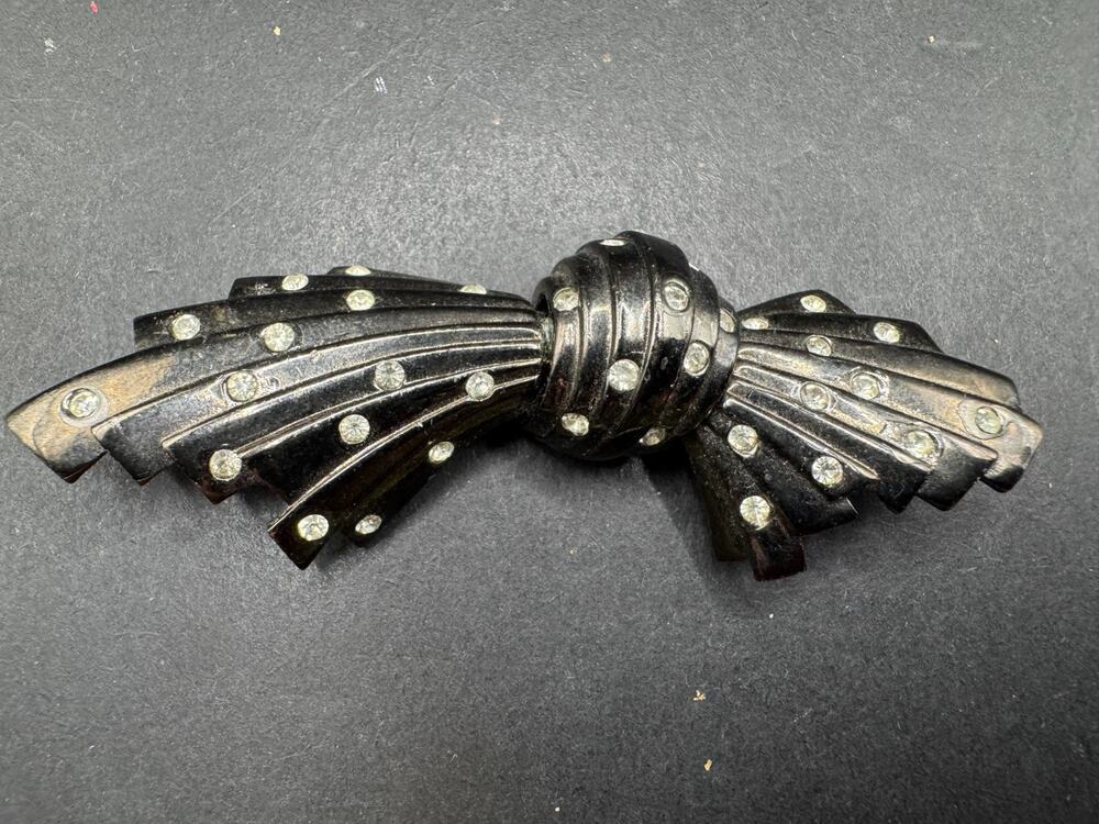 Vintage Givenchy Signed Gunmetal Crystal Bow Ribbon Large Brooch Pin